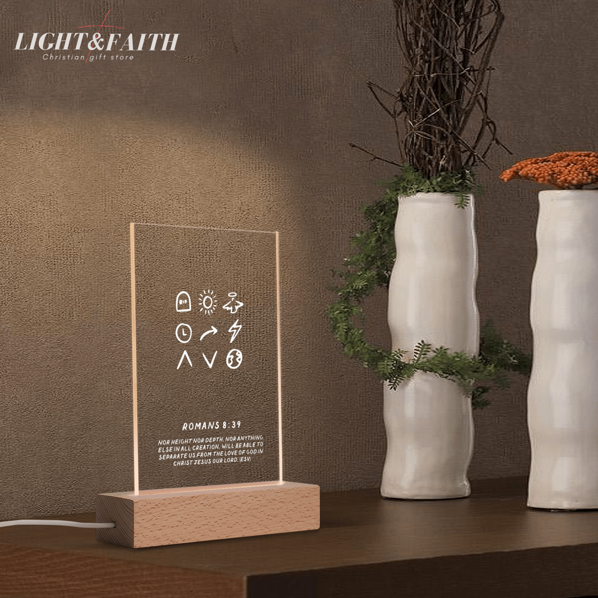 Romans 8:39 LED Light, Christian Bible Verse Lamp, Inspirational Acrylic Night Light, Religious Home Decor, Faith Gift for Believers. NLLAF50